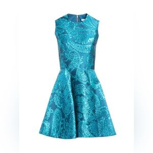 Alice + Olivia Stasia Deep Pleat Party Dress Metallic Jacquard in Teal